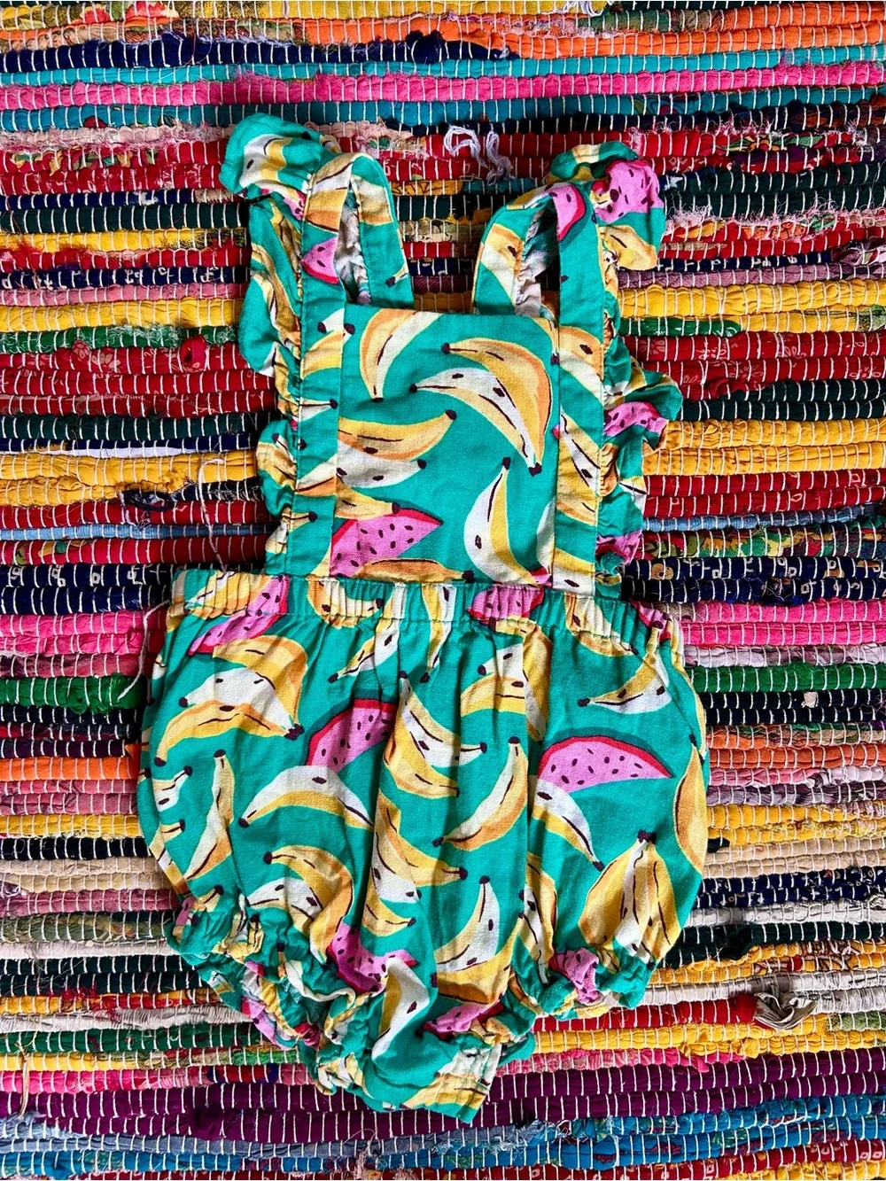 Old Navy Turquoise Banana & Watermelon Print Baby Bubble Linen Romper 12-18 MOS